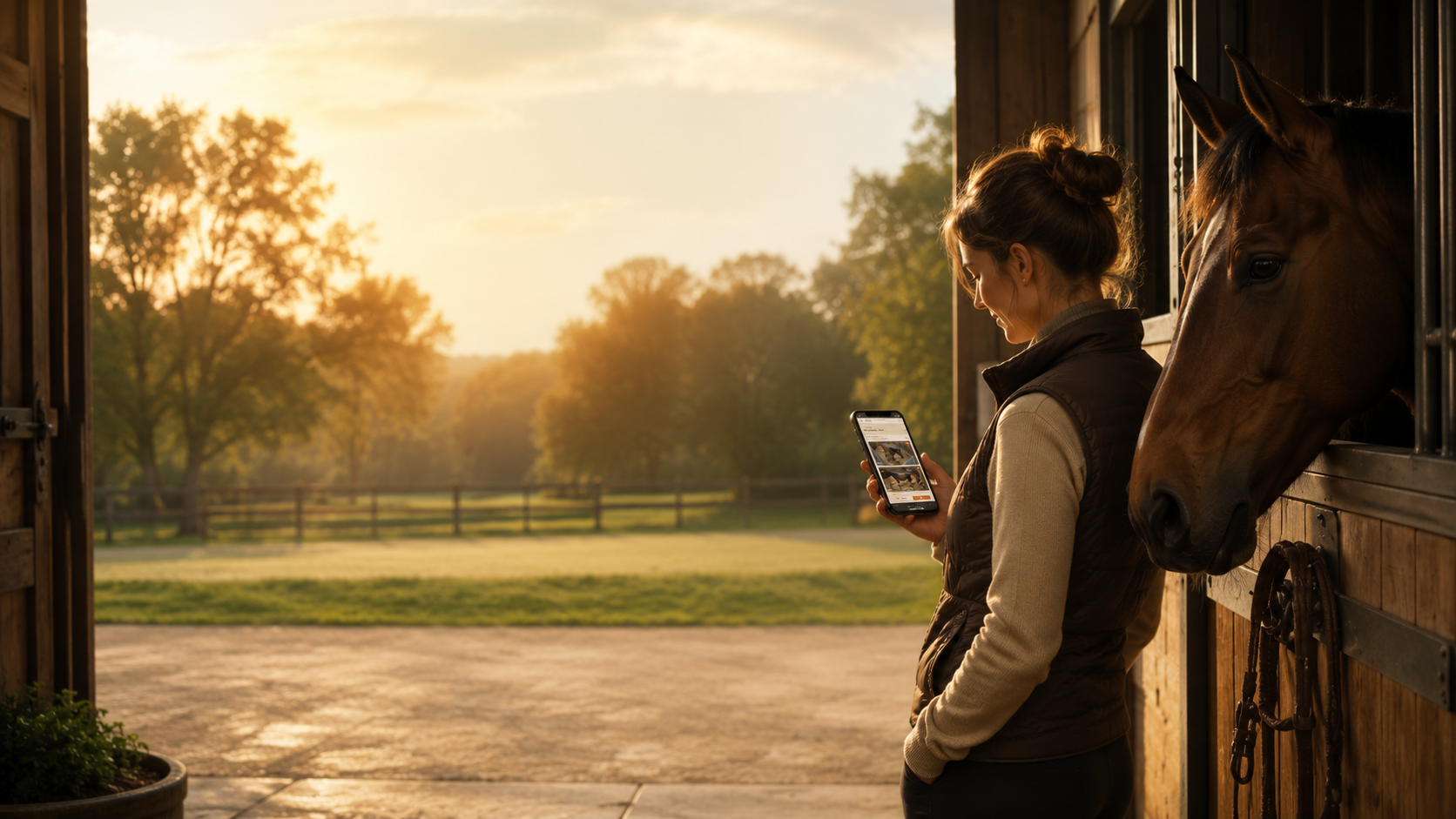 Horse owner checking the Watch My Pony app beside a stable