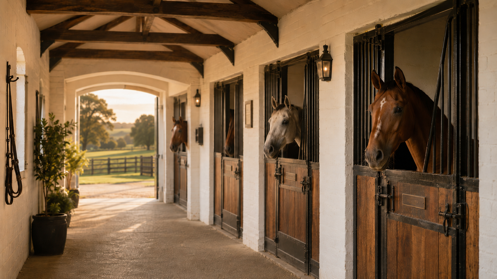 Horses standing in stable doorways