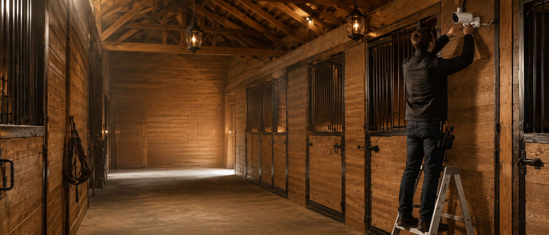 Installer fitting a camera inside a horse yard